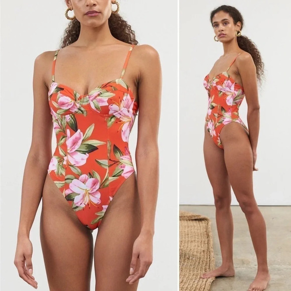 NWT Mara Hoffman Desiree Underwire One Piece Swimsuit Red Lily Floral XS - Picture 2 of 10